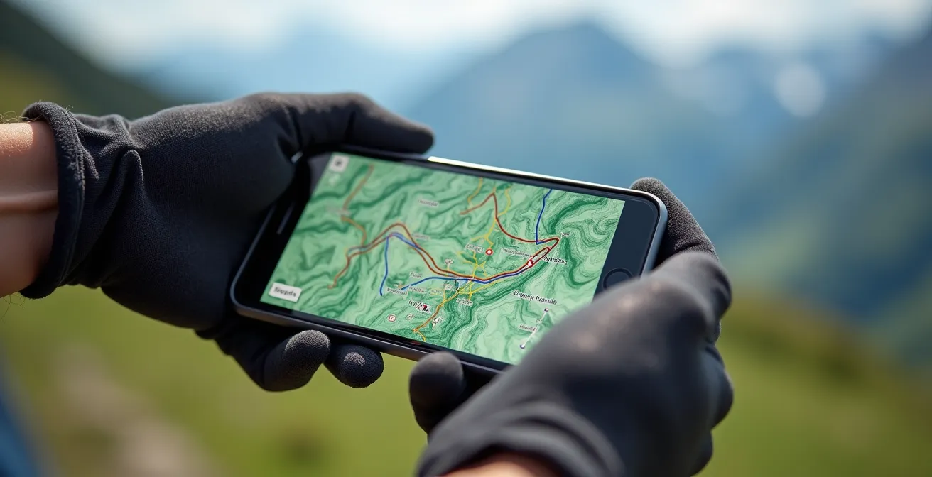 Smartphone montrant l'application SuisseMobile avec carte topographique et itinéraire vélo sécurisé