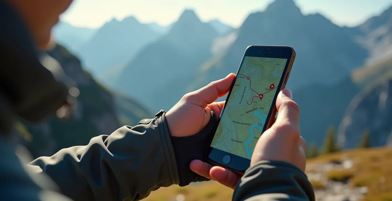 Randonneur utilisant l'application swisstopo sur smartphone en montagne
