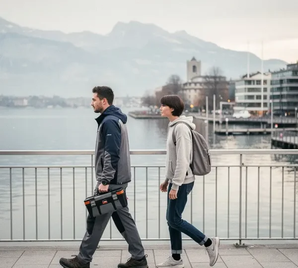 Deux jeunes adultes avancent côte à côte vers un horizon alpin, l’un en tenue de travail avec des outils, l’autre en tenue d’études, dans un décor urbain suisse lumineux.
