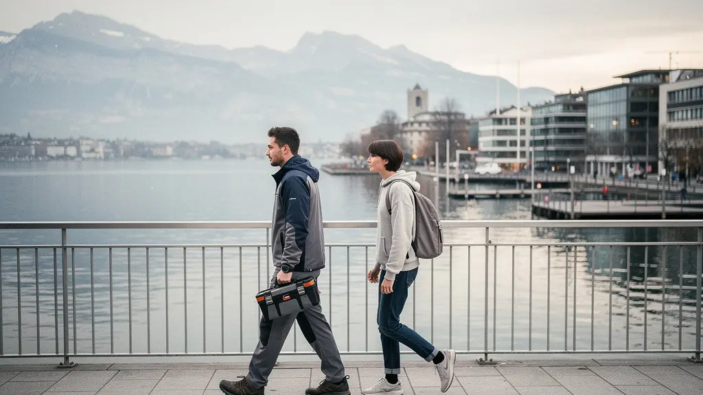 Deux jeunes adultes avancent côte à côte vers un horizon alpin, l’un en tenue de travail avec des outils, l’autre en tenue d’études, dans un décor urbain suisse lumineux.