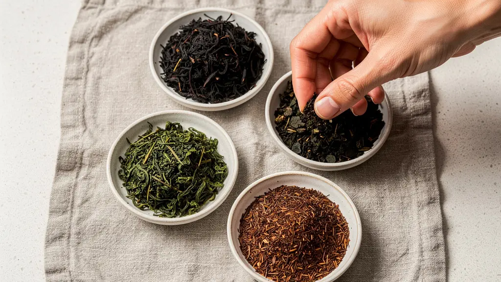 Assortiment de thés bio et infusions en feuilles dans petits bols céramique