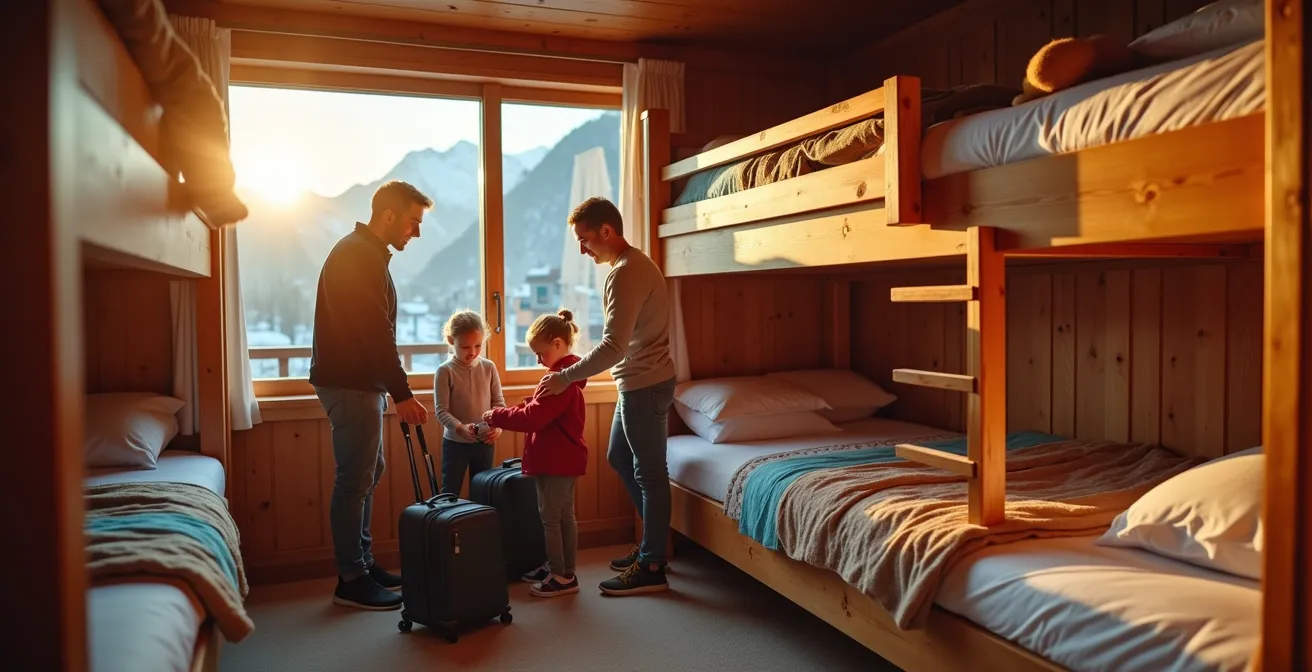 Intérieur chaleureux d'une chambre familiale d'auberge de montagne suisse avec vue sur les Alpes