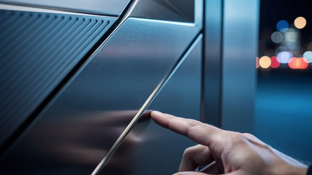 Gros plan macro sur une main utilisant un automate My Post 24 la nuit, avec reflets lumineux sur la surface métallique