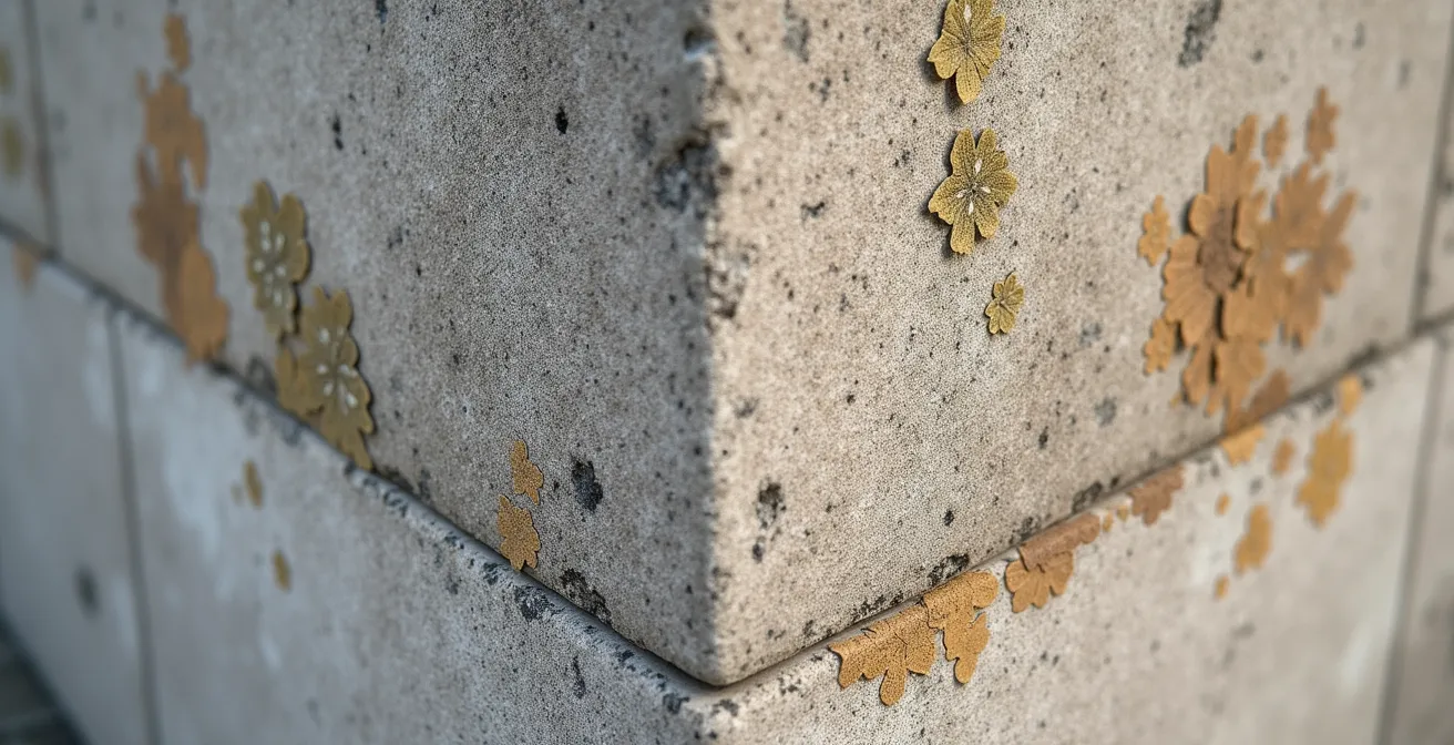 Détail de façade en béton texturé imitant la pierre naturelle locale