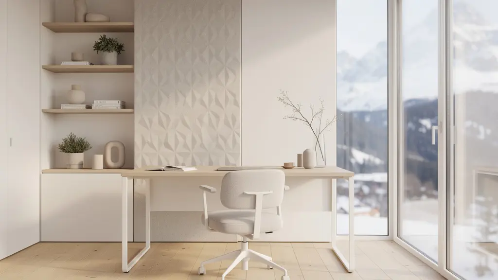 Vue minimaliste d'un espace de travail moderne à domicile avec grande fenêtre donnant sur un paysage alpin suisse