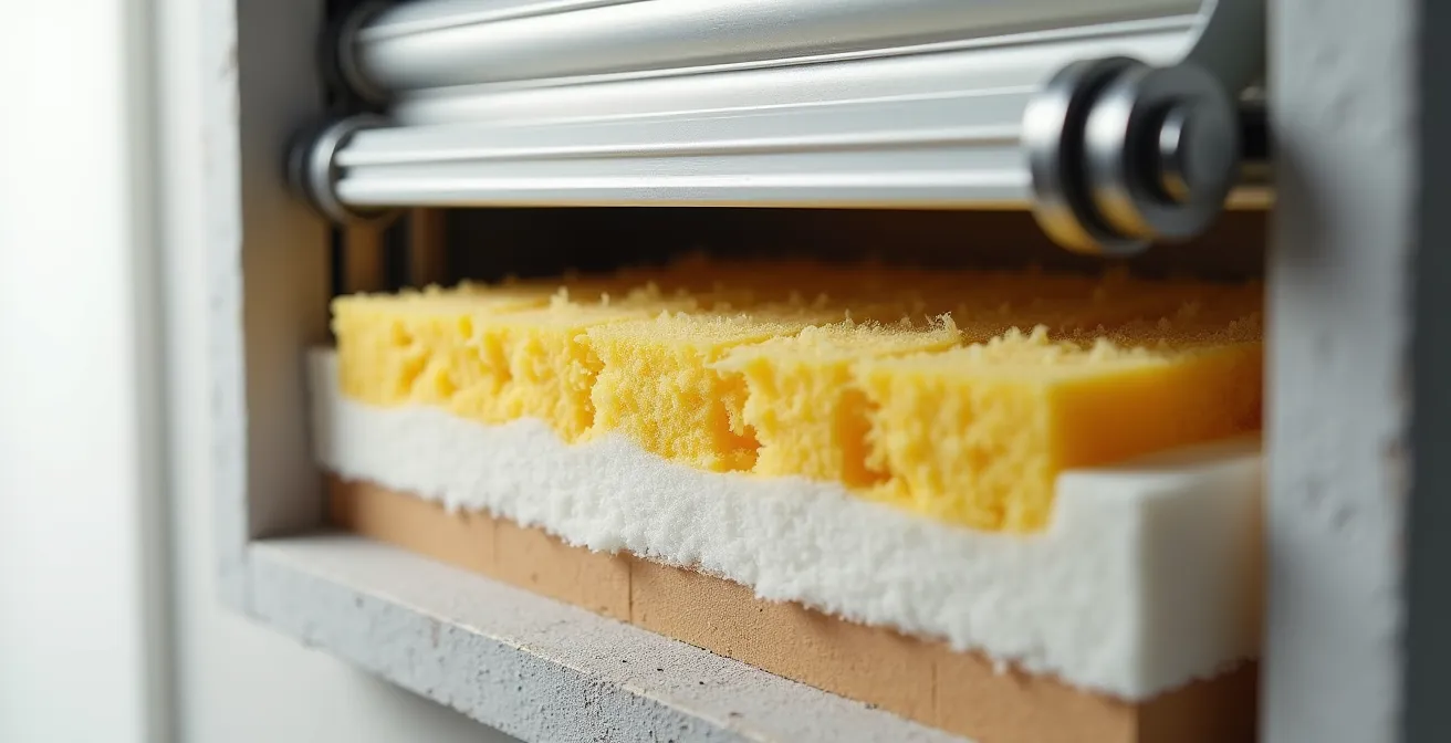 Coupe technique d'un caisson de volet roulant montrant l'isolation thermique installée