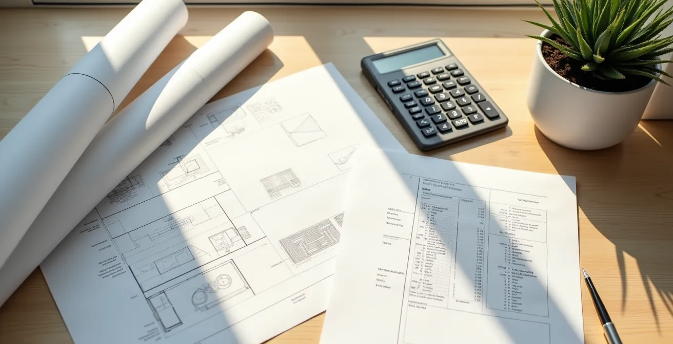Bureau avec documents fiscaux suisses, calculatrice et plans de rénovation étalés