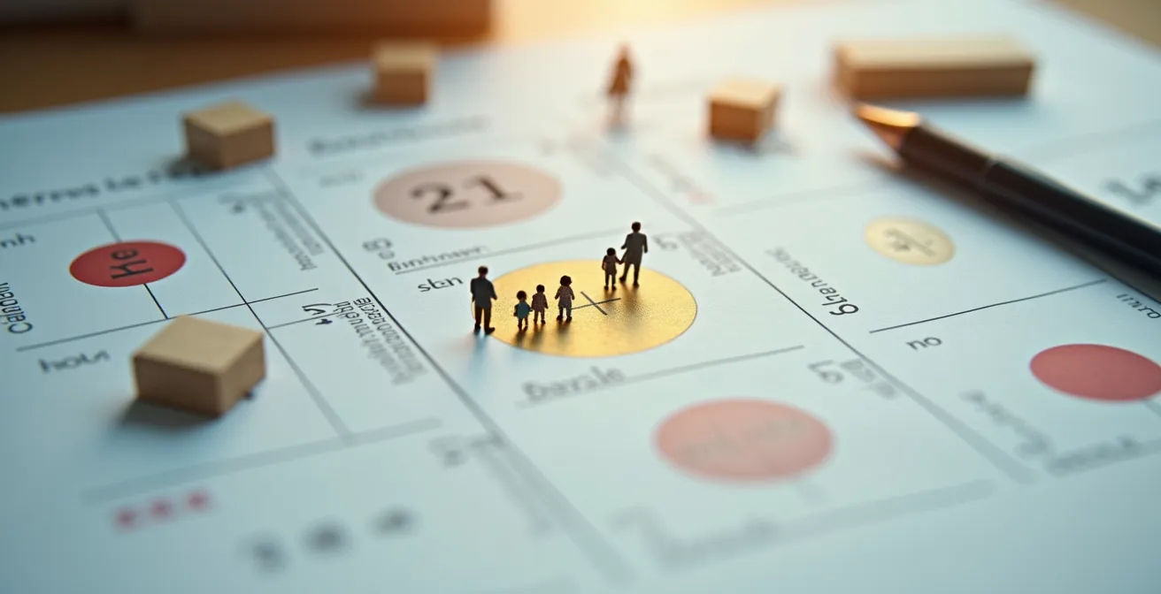 Vue macro d'un calendrier suisse montrant décembre avec une famille déménageant et des papiers administratifs