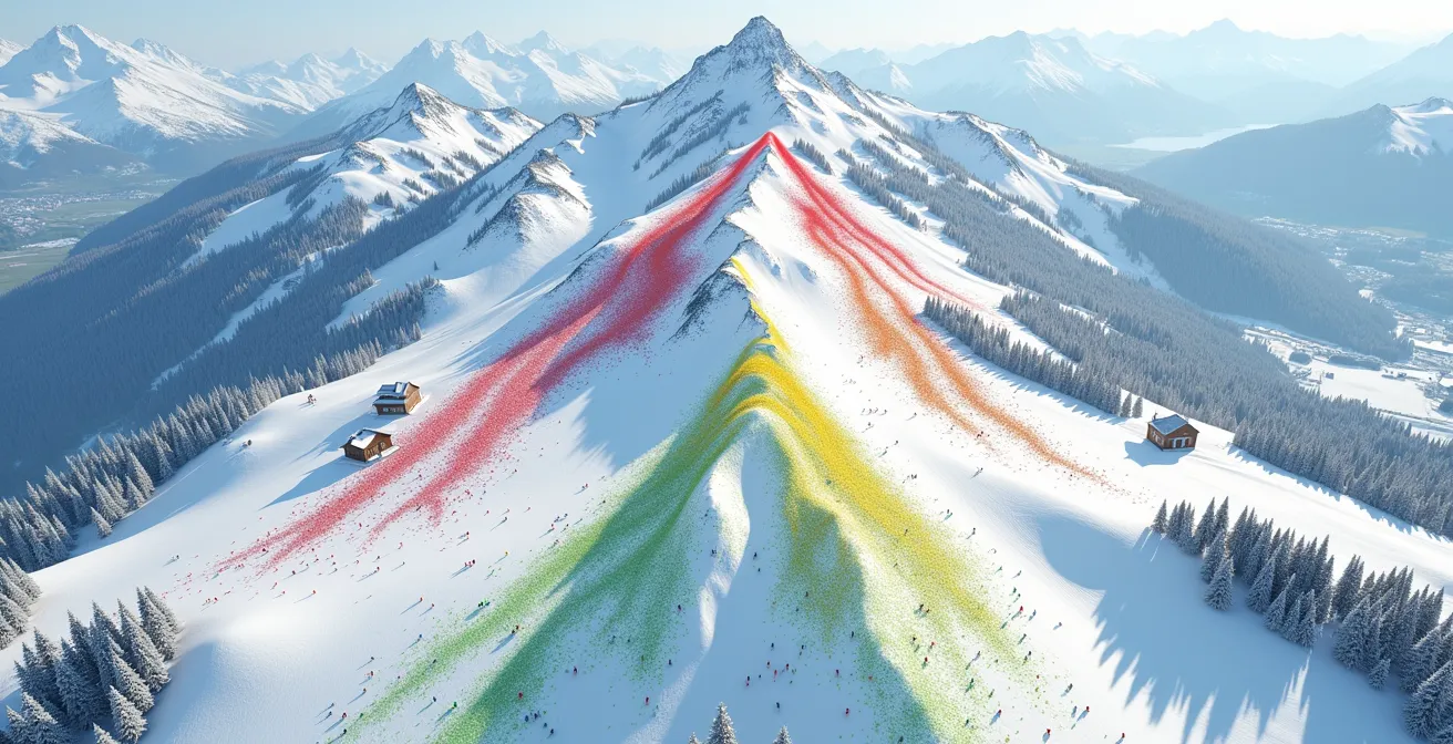 Calendrier visuel montrant les périodes d'affluence dans les stations de ski suisses avec codes couleurs