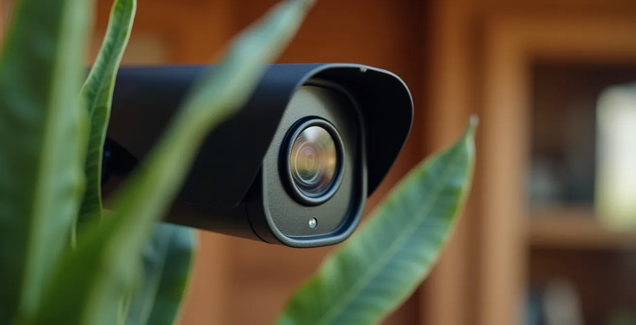 Caméra de surveillance moderne installée discrètement dans un intérieur suisse avec indicateur de confidentialité