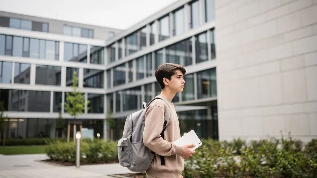 Un ou une candidate à l’apprentissage se tient devant un grand bâtiment moderne en Suisse, avec beaucoup d’espace vide dans le ciel pour un titre.