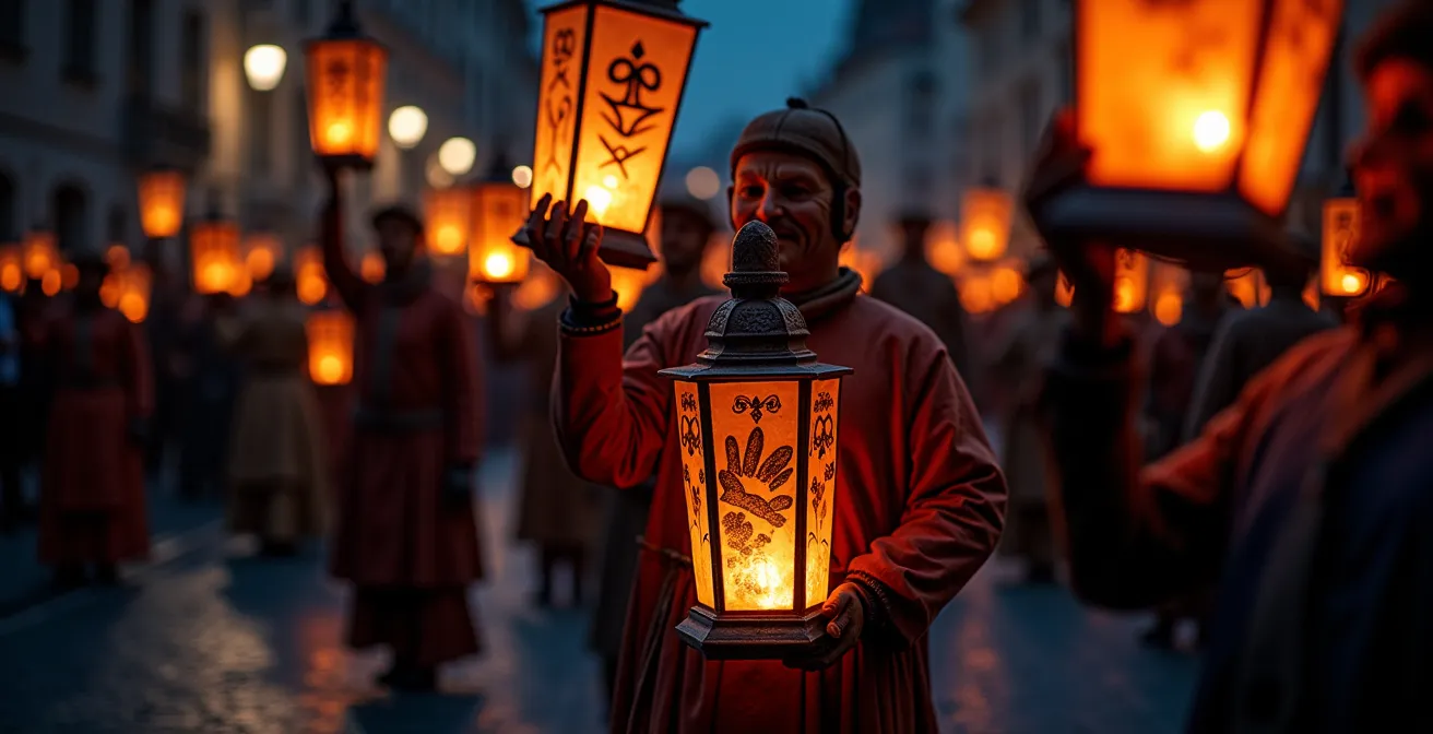 Scène nocturne du Morgenstraich avec lanternes illuminées et masques traditionnels