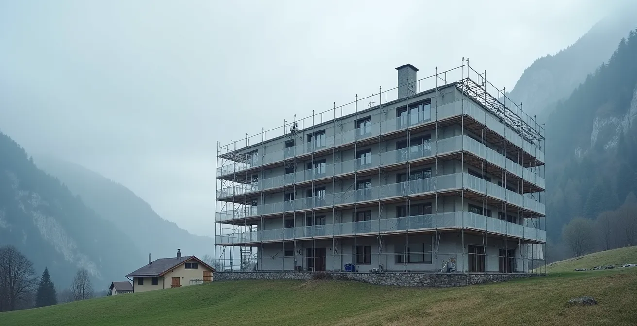 Chantier d'isolation de façade en Suisse avec une protection par bâche contre les intempéries.
