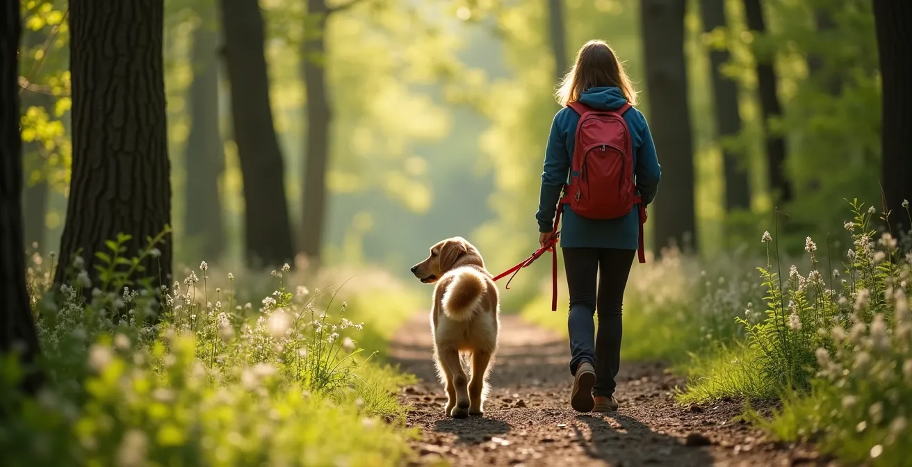 Randonneur tenant son chien en laisse sur un sentier forestier suisse avec faons en arrière-plan flou