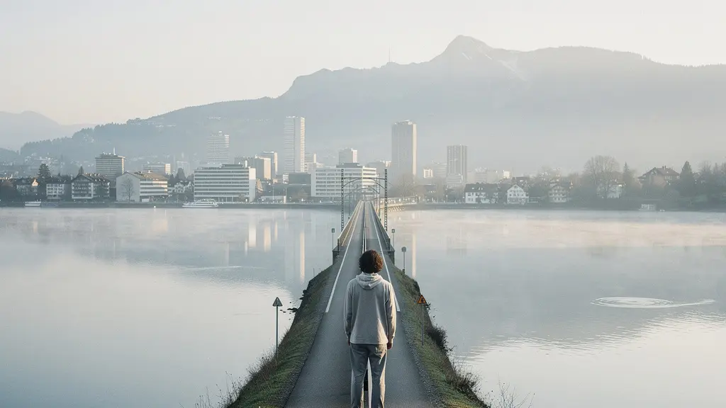Vue large d’un paysage suisse avec une ligne ferroviaire menant vers une ville au bord d’un lac, symbole de choix de spécialisation et de mobilité entre régions.