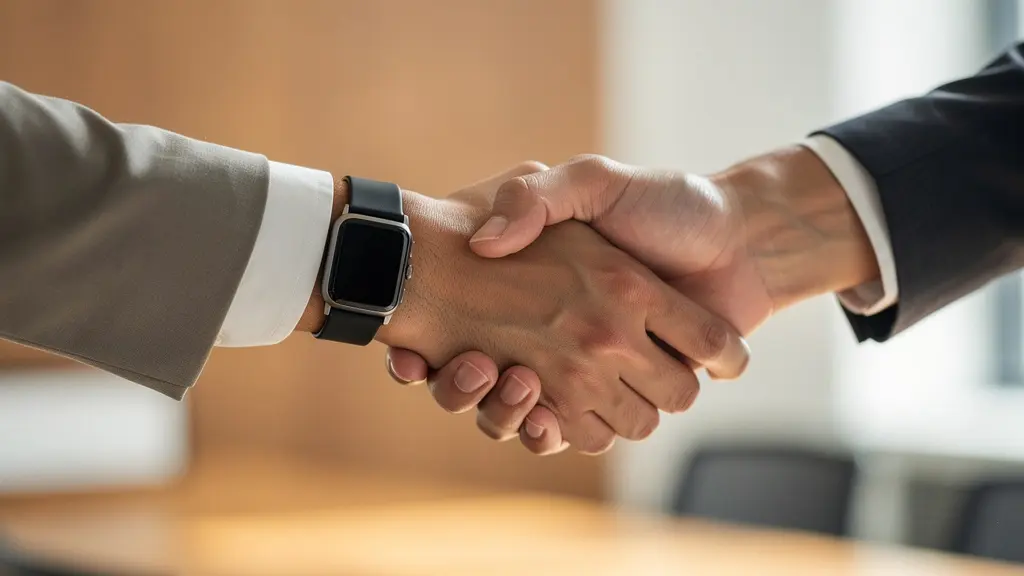 Deux professionnels échangeant une poignée de main ferme dans un bureau suisse moderne