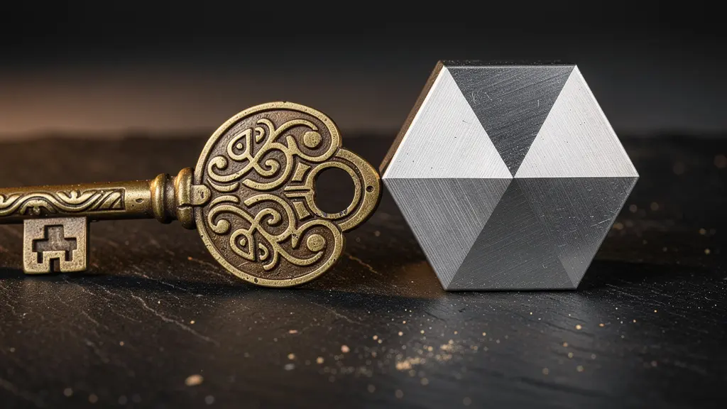 Gros plan sur une clé en laiton ancienne posée à côté d'un mécanisme métallique moderne symbolisant la convergence entre banque traditionnelle suisse et finance crypto