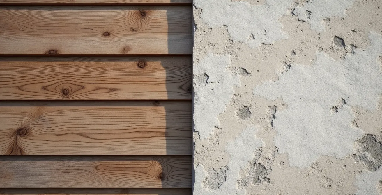 Comparaison visuelle entre une façade en bois avec une patine noble et une façade en crépi dégradée après 15 ans