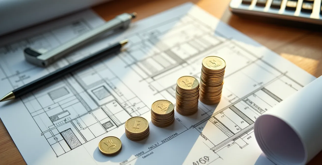 Bureau d'architecte avec plans de construction et calculatrice montrant l'analyse financière d'un projet Minergie
