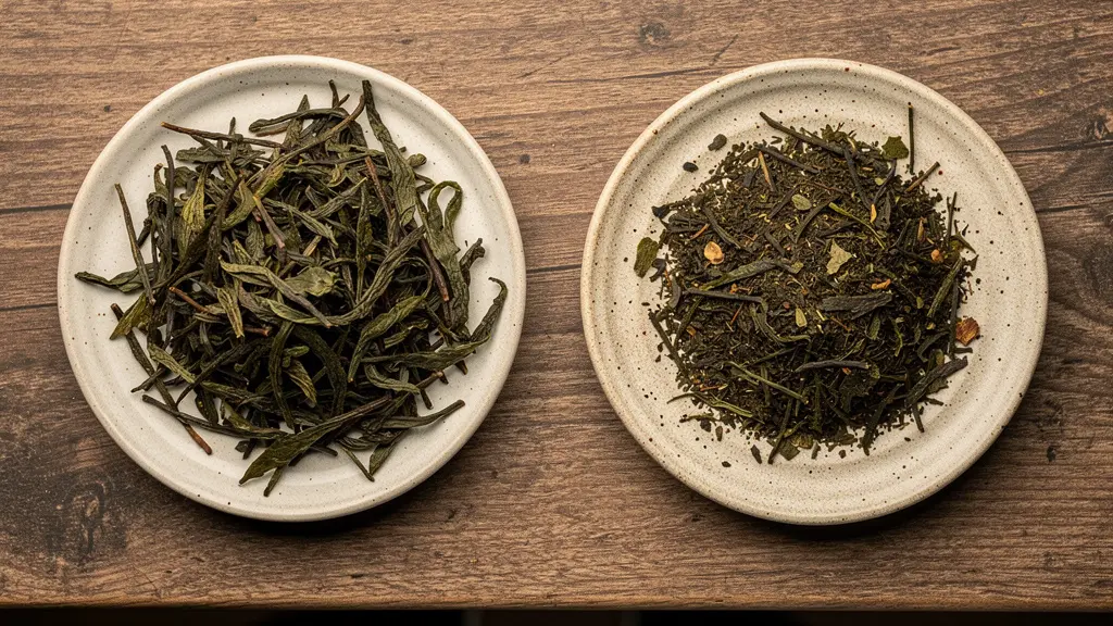 Comparaison visuelle thé feuilles entières versus feuilles brisées sur assiettes céramique