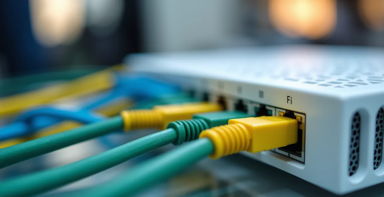 Composition abstraite avec routeur internet moderne et éléments graphiques colorés