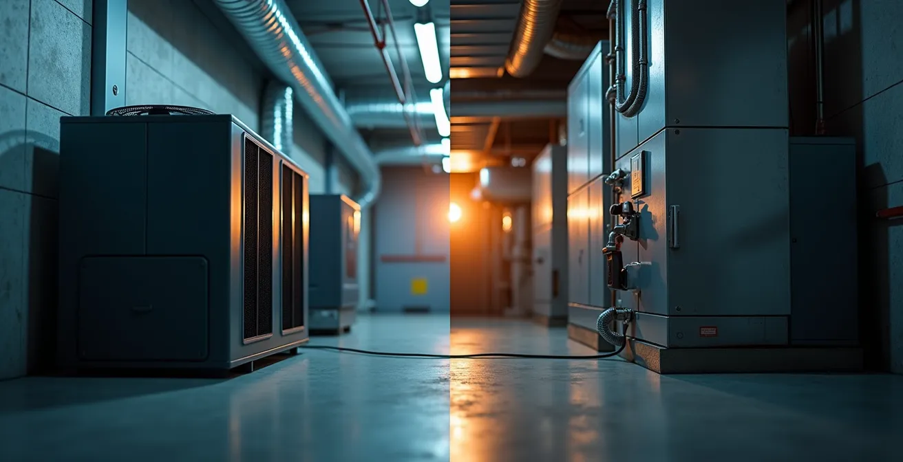 Gros plan comparatif d'une pompe à chaleur moderne et d'une ancienne chaudière à mazout côte à côte