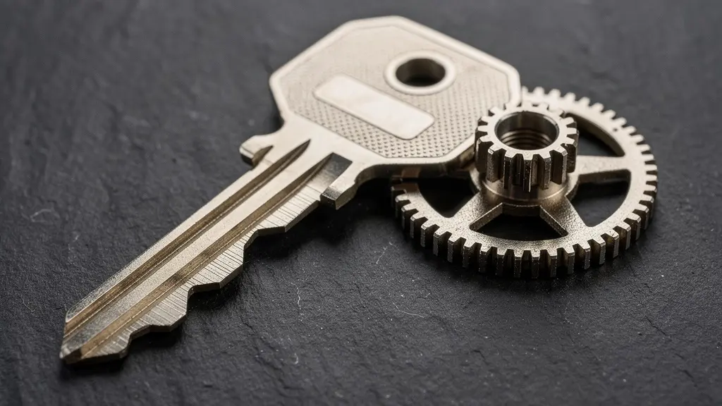 Gros plan macro sur une clé et un mécanisme de précision, symbolisant l’accès contrôlé, la confidentialité et l’anonymisation des données dans un rapport de stage.