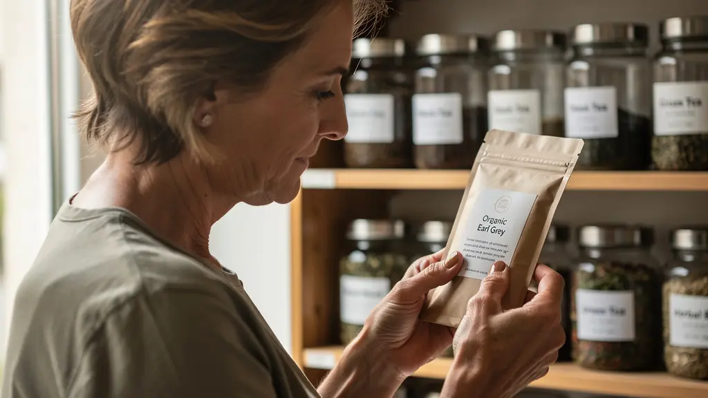 Personne examinant étiquette produit thé bio dans boutique spécialisée