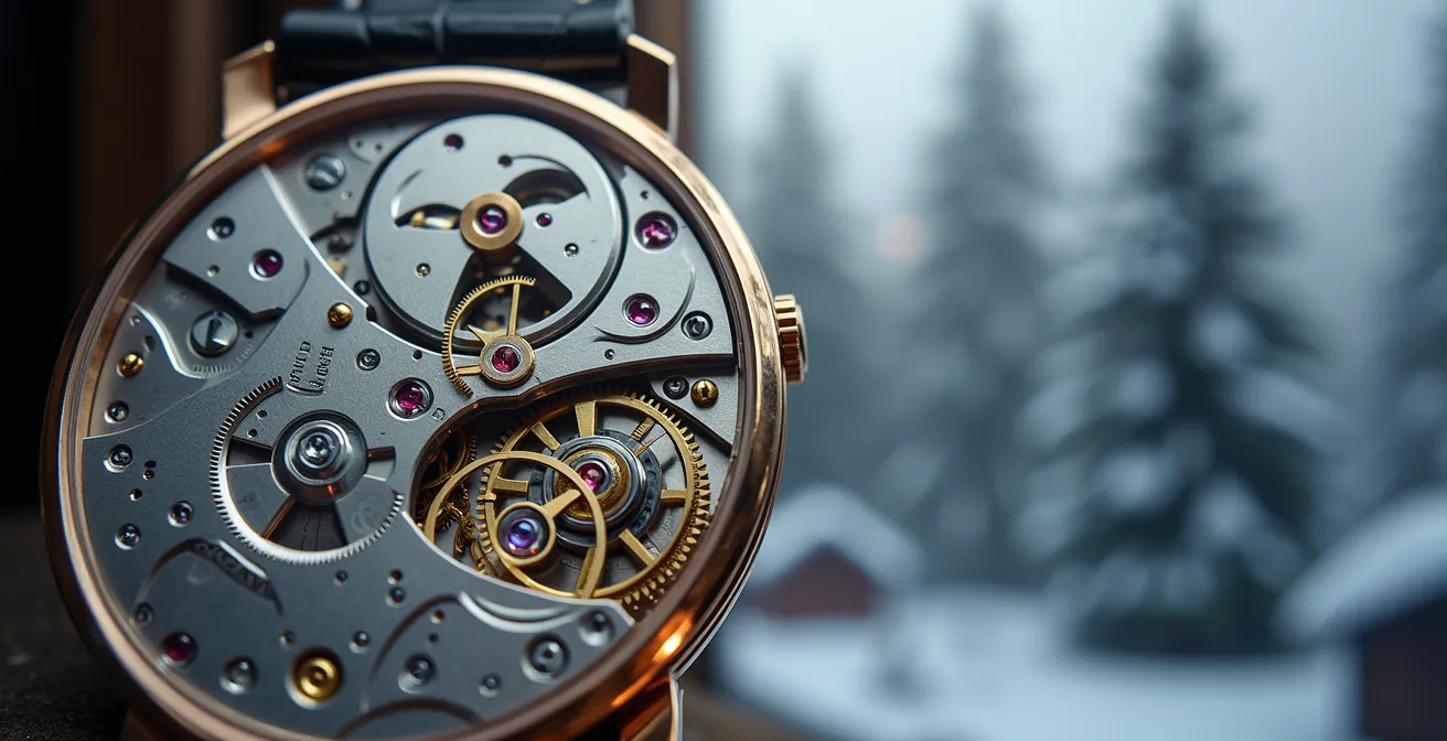 Forêt enneigée du Risoud avec mécanisme de montre en premier plan flou