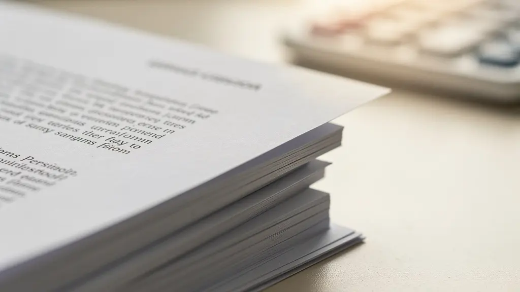 Gros plan sur documents contractuels flous avec calculatrice et graphiques financiers en arrière-plan