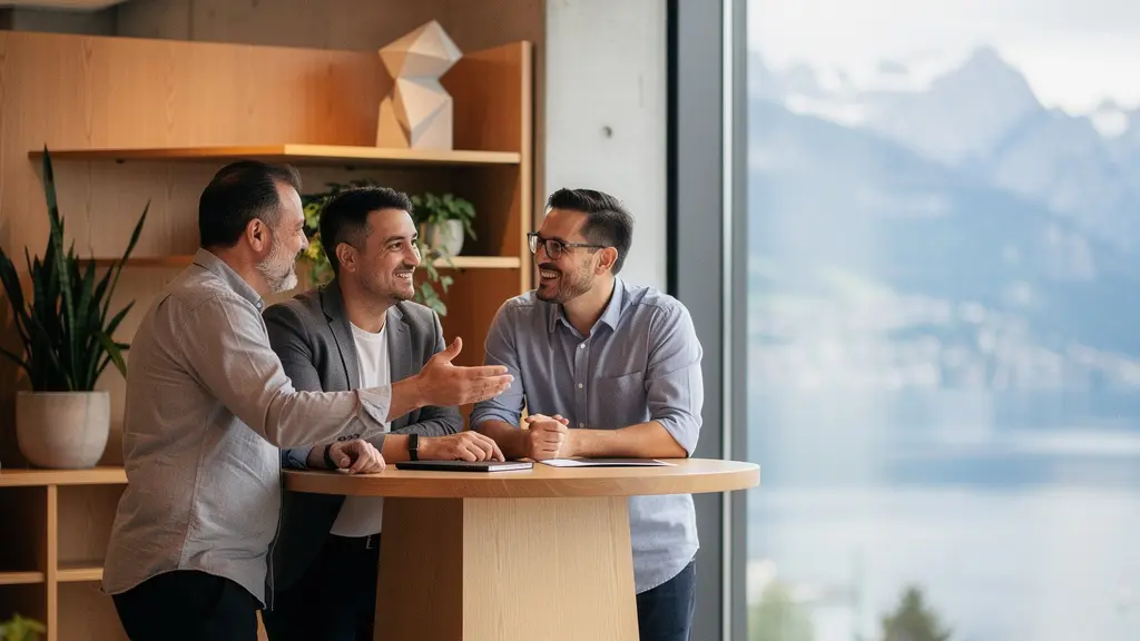Espace de coworking moderne et lumineux à Zoug avec des professionnels collaborant autour d'une table, symbolisant l'effet réseau de la Crypto Valley