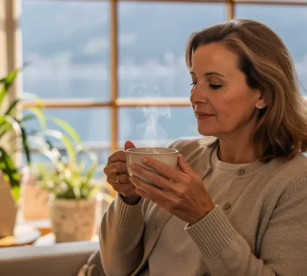 Moment de dégustation d'un thé premium dans un intérieur suisse lumineux