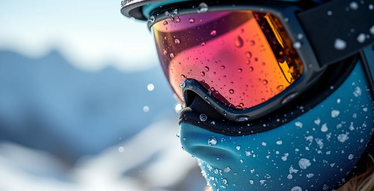 Macro détaillé de gouttelettes d'eau sur équipement de ski illustrant la déshydratation en altitude