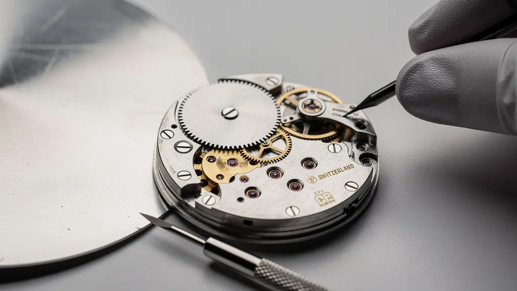 Gros plan macro d’un mécanisme horloger et d’outils de précision, symbolisant un départ de carrière technique en Suisse.