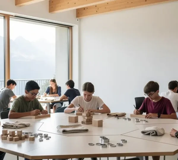 Élèves travaillant en groupe dans une salle de classe suisse lumineuse avec vue sur les Alpes