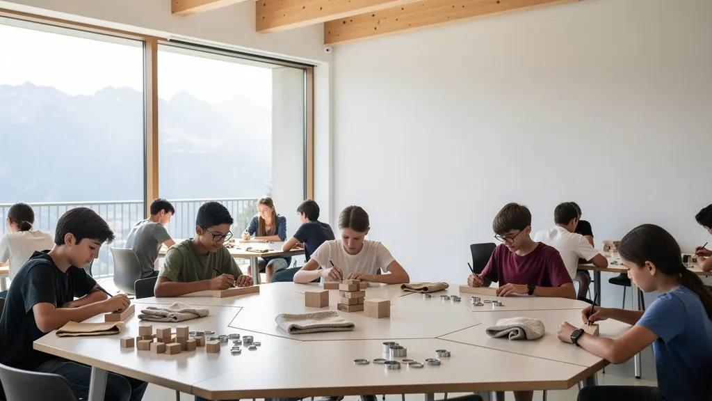 Élèves travaillant en groupe dans une salle de classe suisse lumineuse avec vue sur les Alpes