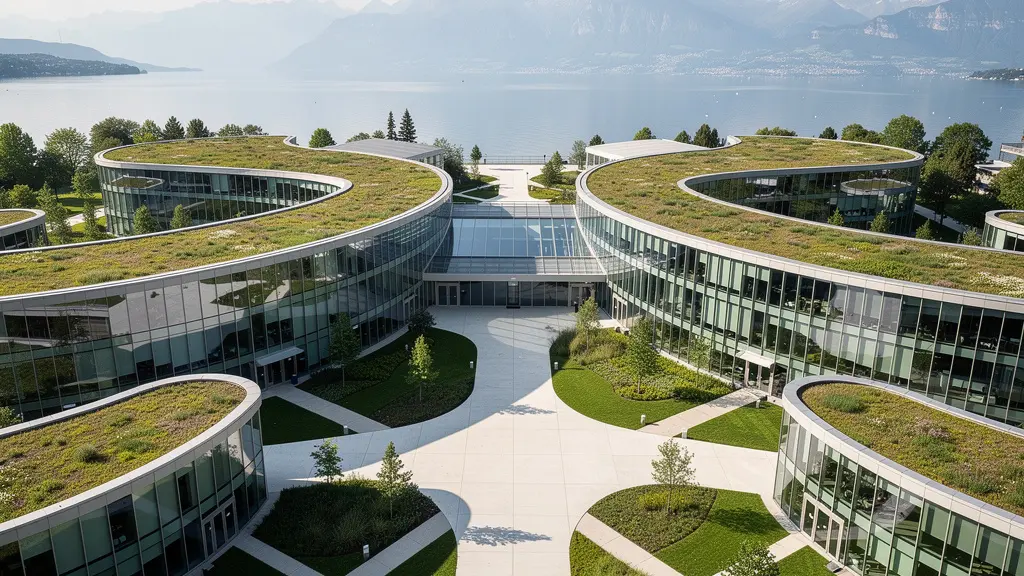 Vue aérienne du campus d'innovation EPFL avec architecture moderne et espaces verts