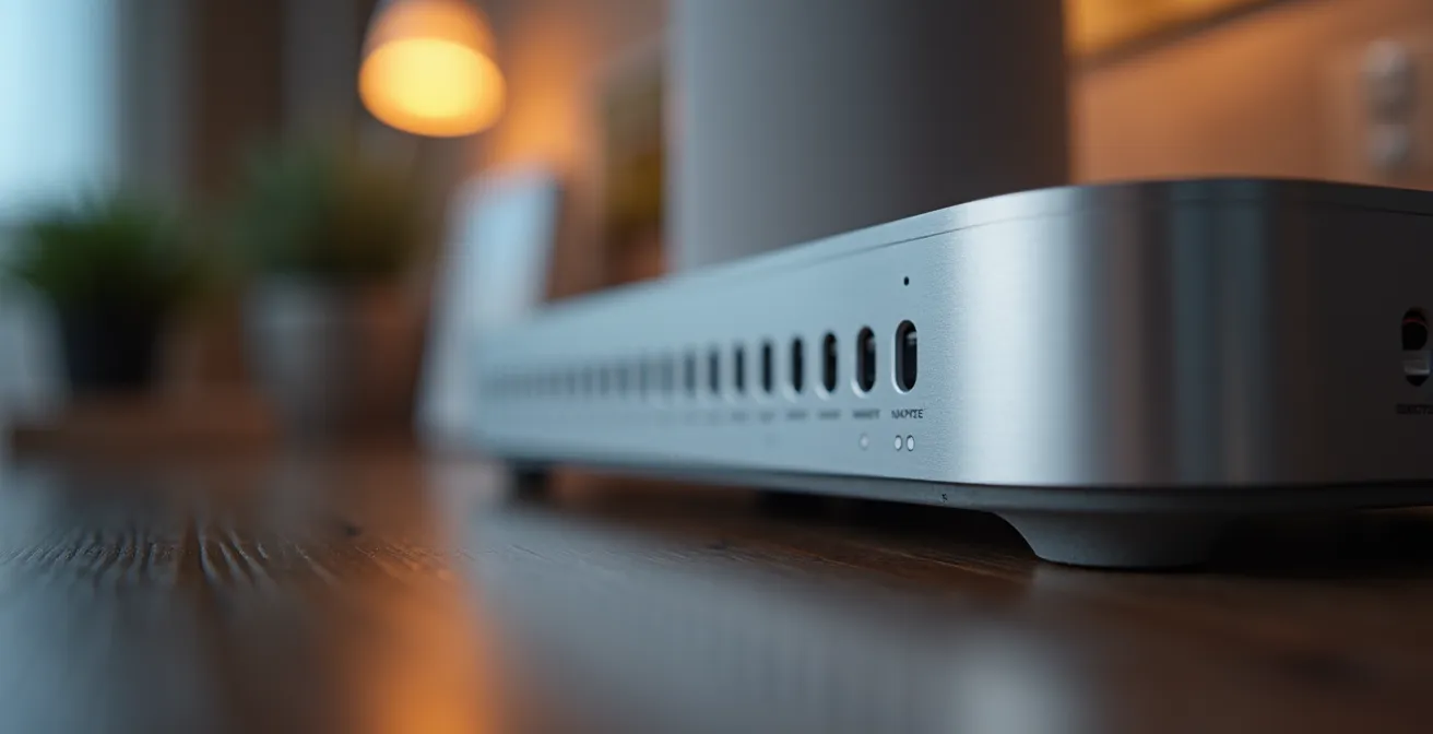 Gros plan sur un hub domotique central avec différents appareils connectés en arrière-plan flou