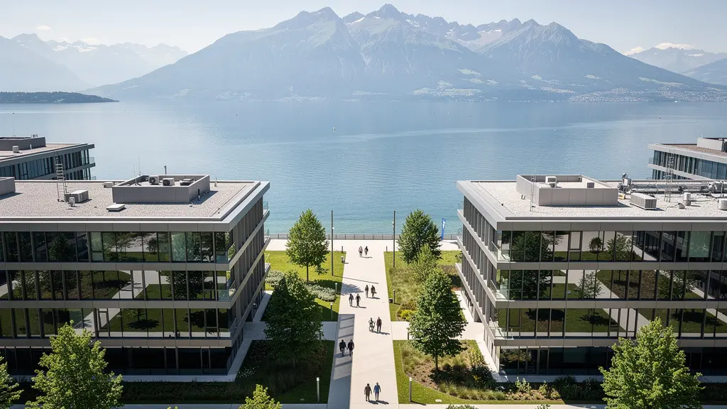 Vue aérienne du campus EPFL Innovation Park au bord du Lac Léman avec bâtiments modernes