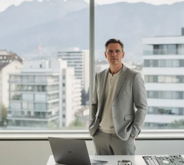 Un professionnel en Suisse, debout près d’une grande baie vitrée, contemple une ville et des montagnes au loin, symbole de l’adaptation au franc fort et à la transition numérique.