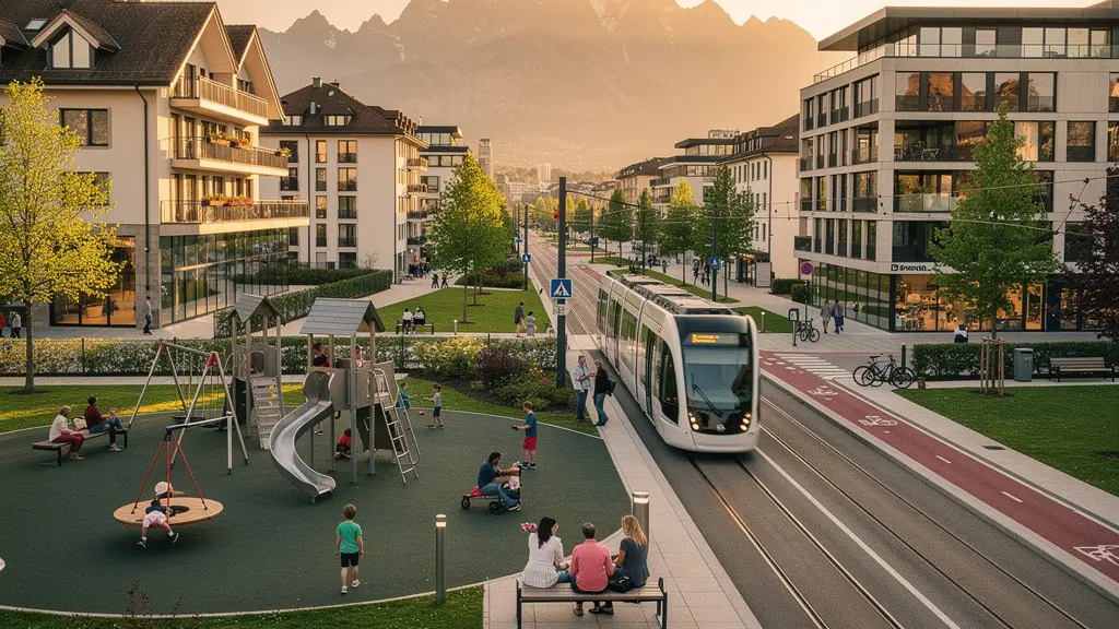 Vue panoramique d'une ville suisse avec montagnes en arrière-plan, montrant une famille dans un parc urbain moderne avec aires de jeu, près d'un tramway et de bâtiments modernes
