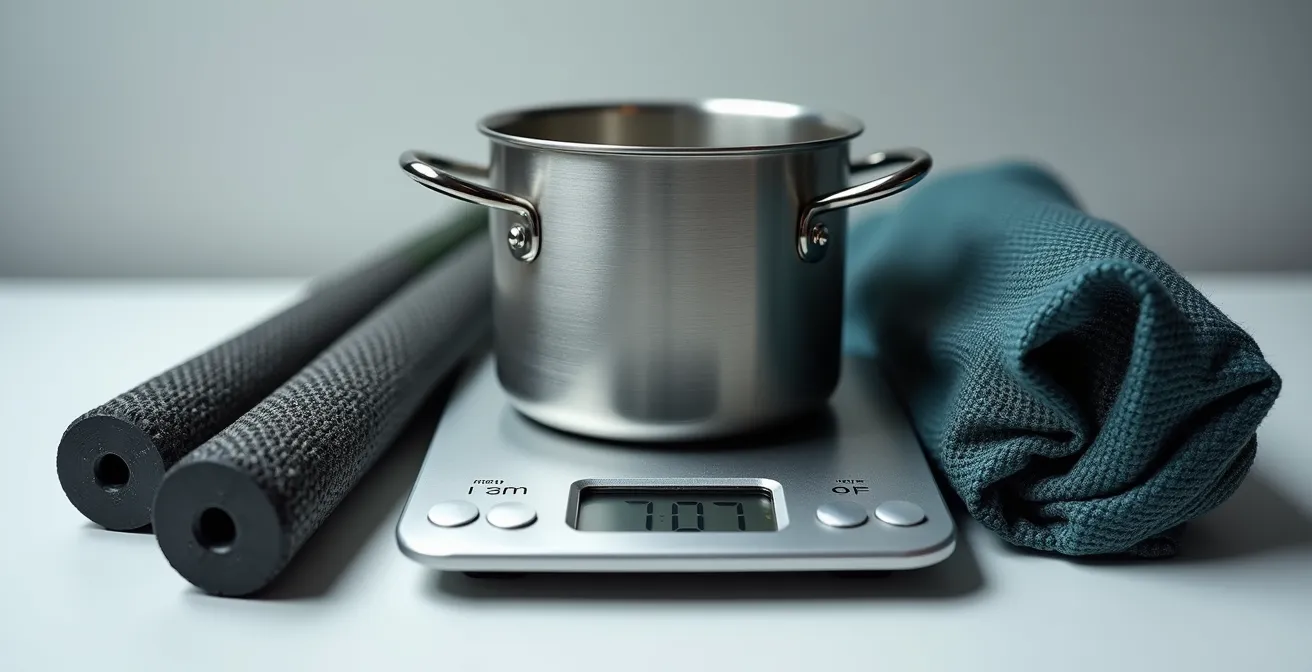 Comparaison visuelle entre équipement de randonnée standard et ultraléger pesé sur une balance