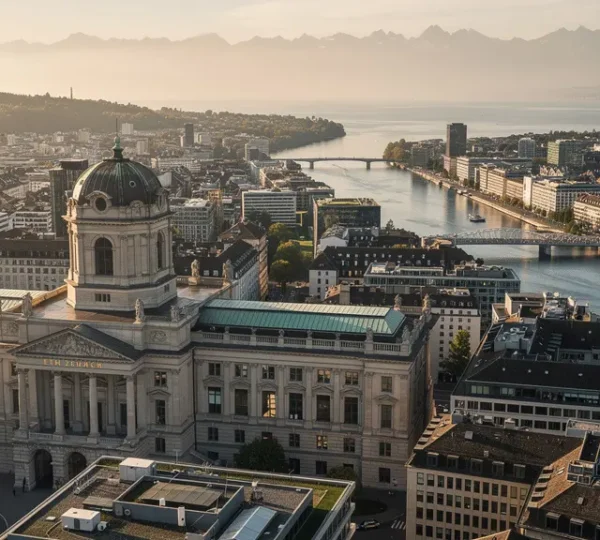 Vue aérienne du campus principal de l'ETH Zurich avec le bâtiment historique au centre de la ville