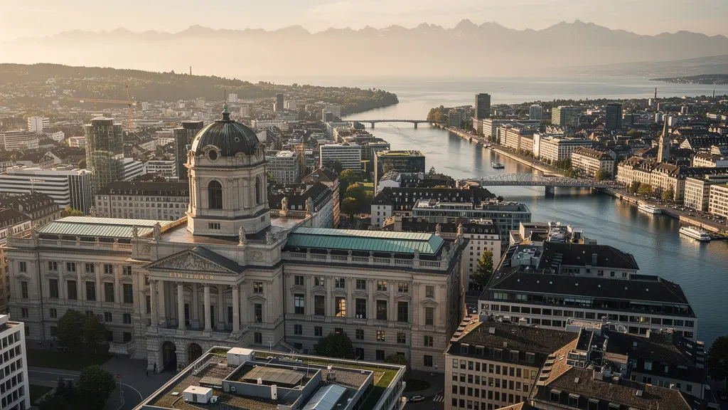 Vue aérienne du campus principal de l'ETH Zurich avec le bâtiment historique au centre de la ville