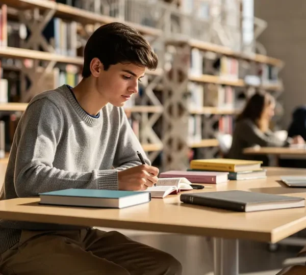 Étudiant suisse dans un environnement académique moderne contemplant ses options d'études