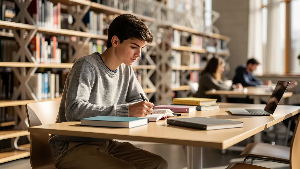 Étudiant suisse dans un environnement académique moderne contemplant ses options d'études