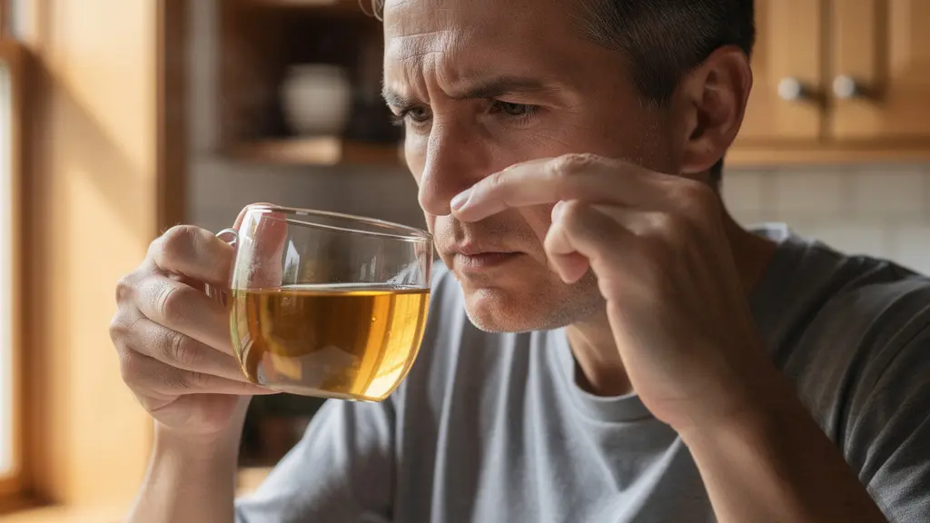 Personne évaluant la couleur dorée d'un thé dans une tasse en verre transparent