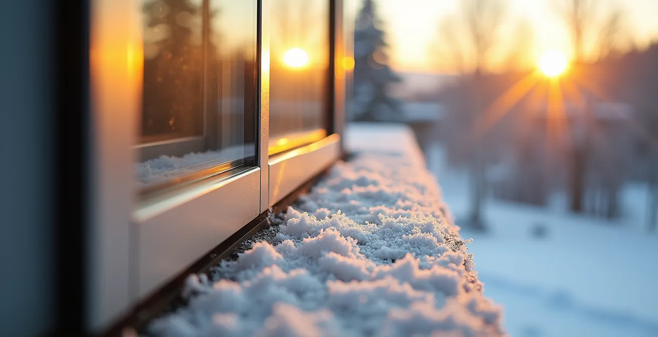Façade sud d'une villa Minergie avec grandes baies vitrées et brise-soleil orientables en position hivernale