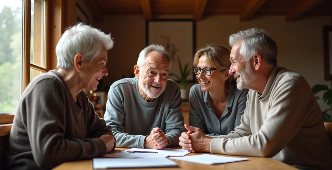 Famille multigénérationnelle en discussion autour d'une table avec documents de succession