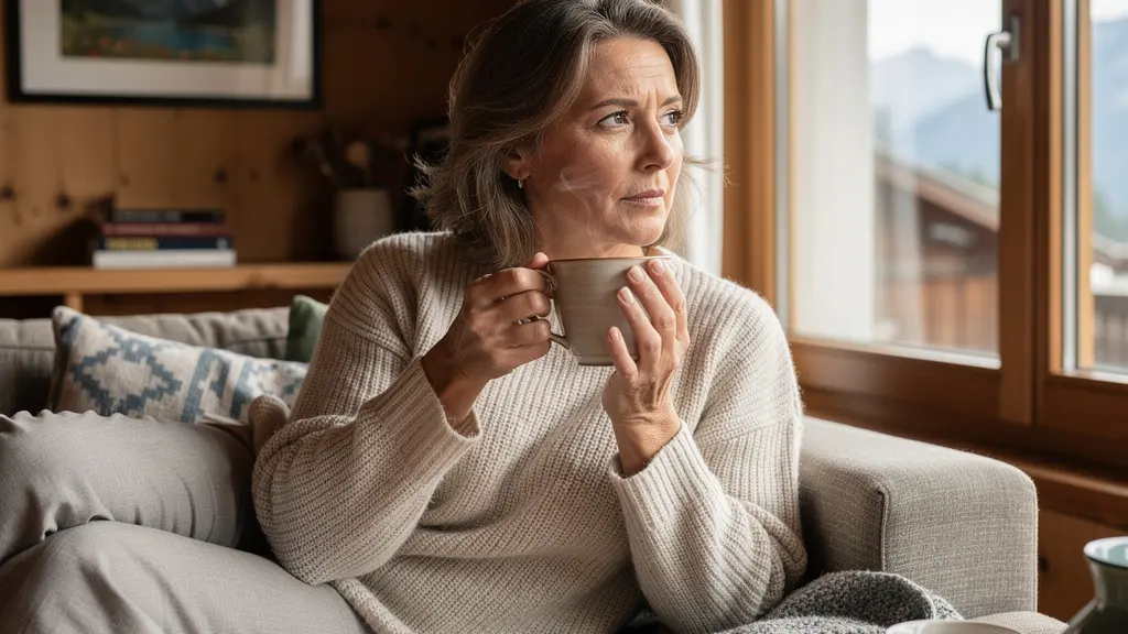 Femme dégustant une tasse de thé bio dans un salon suisse confortable